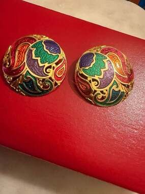 Vintage Berebi Multi-Color Enamel Paisley Gold Tone Large Clip-On Earrings